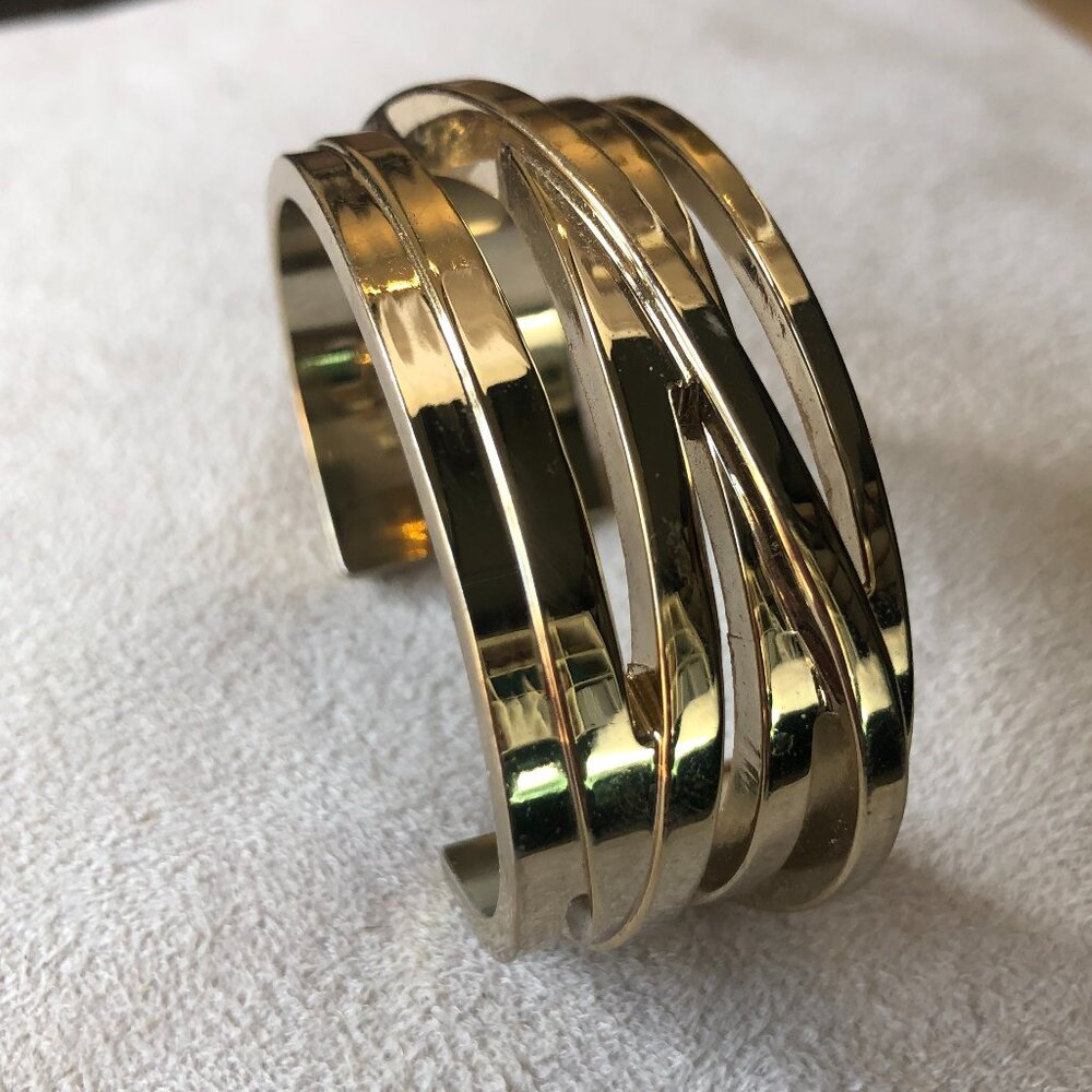 Wide Gold-Tone Cuff Bracelet – Layered Open Band Statement Jewelry